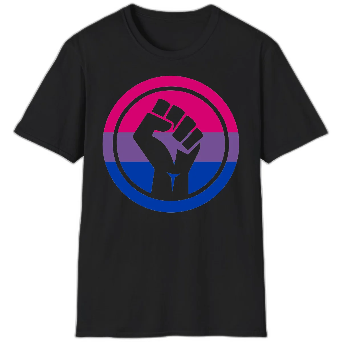 Raised fist silhouette in concentric circles with bisexual pride flag stripes in magenta, purple, and blue in Black