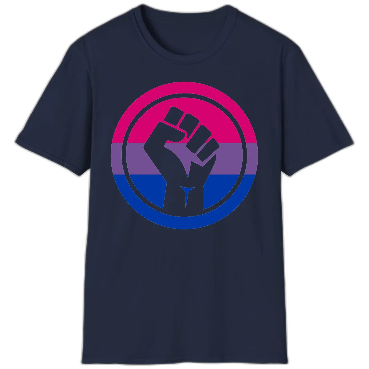 Raised fist silhouette in concentric circles with bisexual pride flag stripes in magenta, purple, and blue in Navy