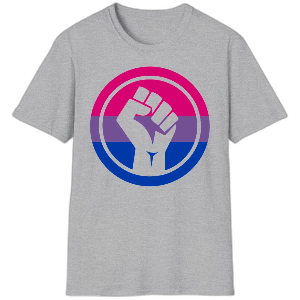 Raised fist silhouette in concentric circles with bisexual pride flag stripes in magenta, purple, and blue in Sport Grey