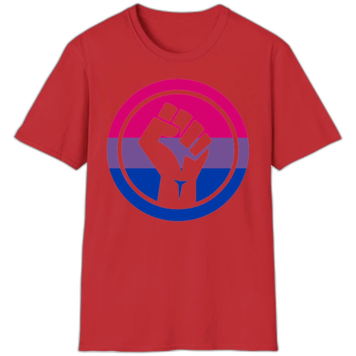 Raised fist silhouette in concentric circles with bisexual pride flag stripes in magenta, purple, and blue in Red