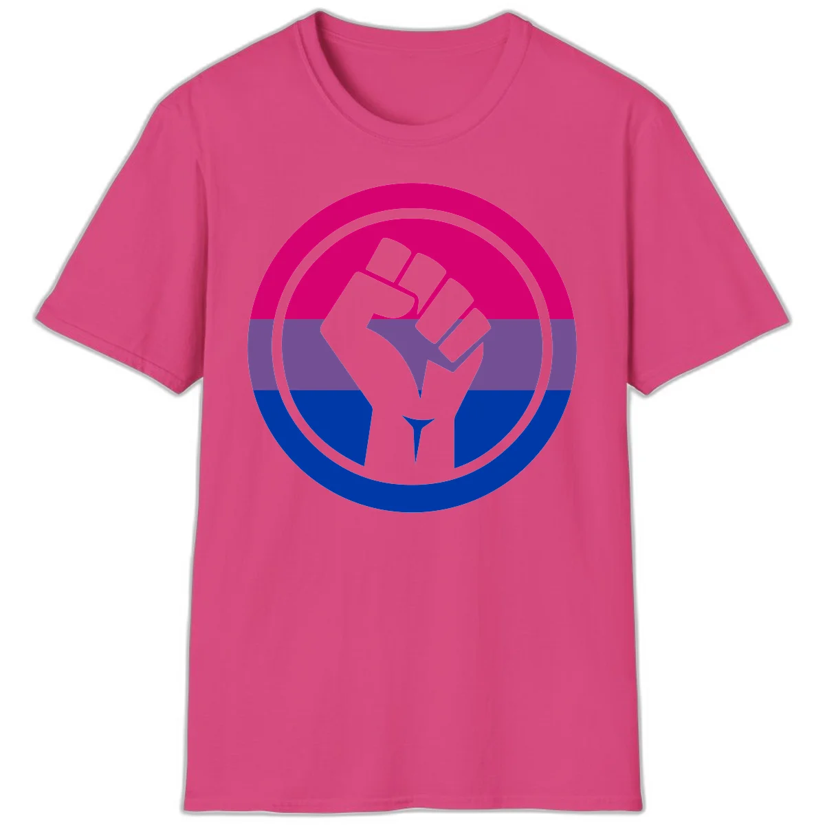 Raised fist silhouette in concentric circles with bisexual pride flag stripes in magenta, purple, and blue in Heliconia