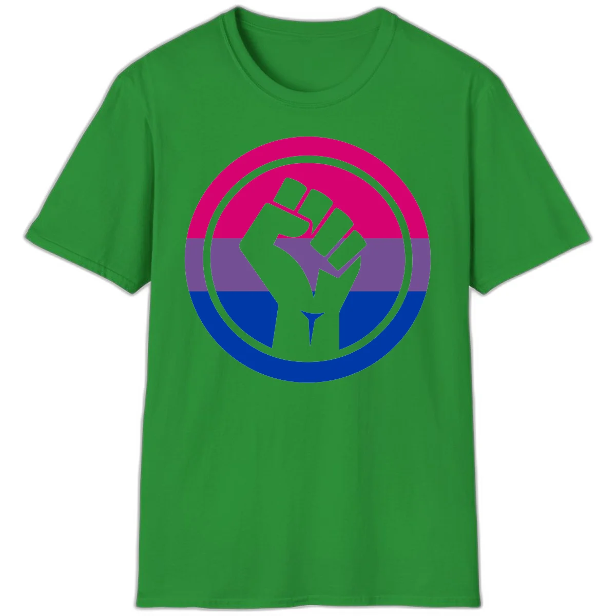 Raised fist silhouette in concentric circles with bisexual pride flag stripes in magenta, purple, and blue in Irish Green