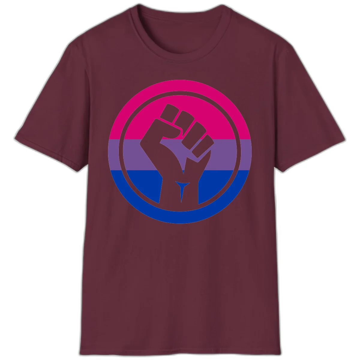 Raised fist silhouette in concentric circles with bisexual pride flag stripes in magenta, purple, and blue in Maroon