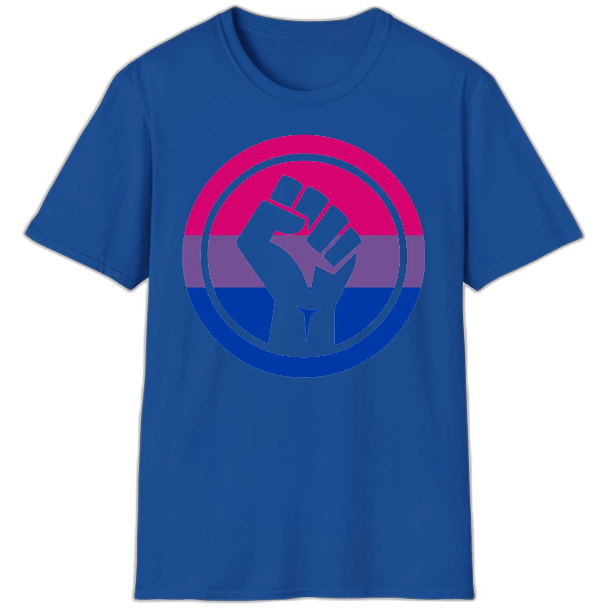 Raised fist silhouette in concentric circles with bisexual pride flag stripes in magenta, purple, and blue in Royal