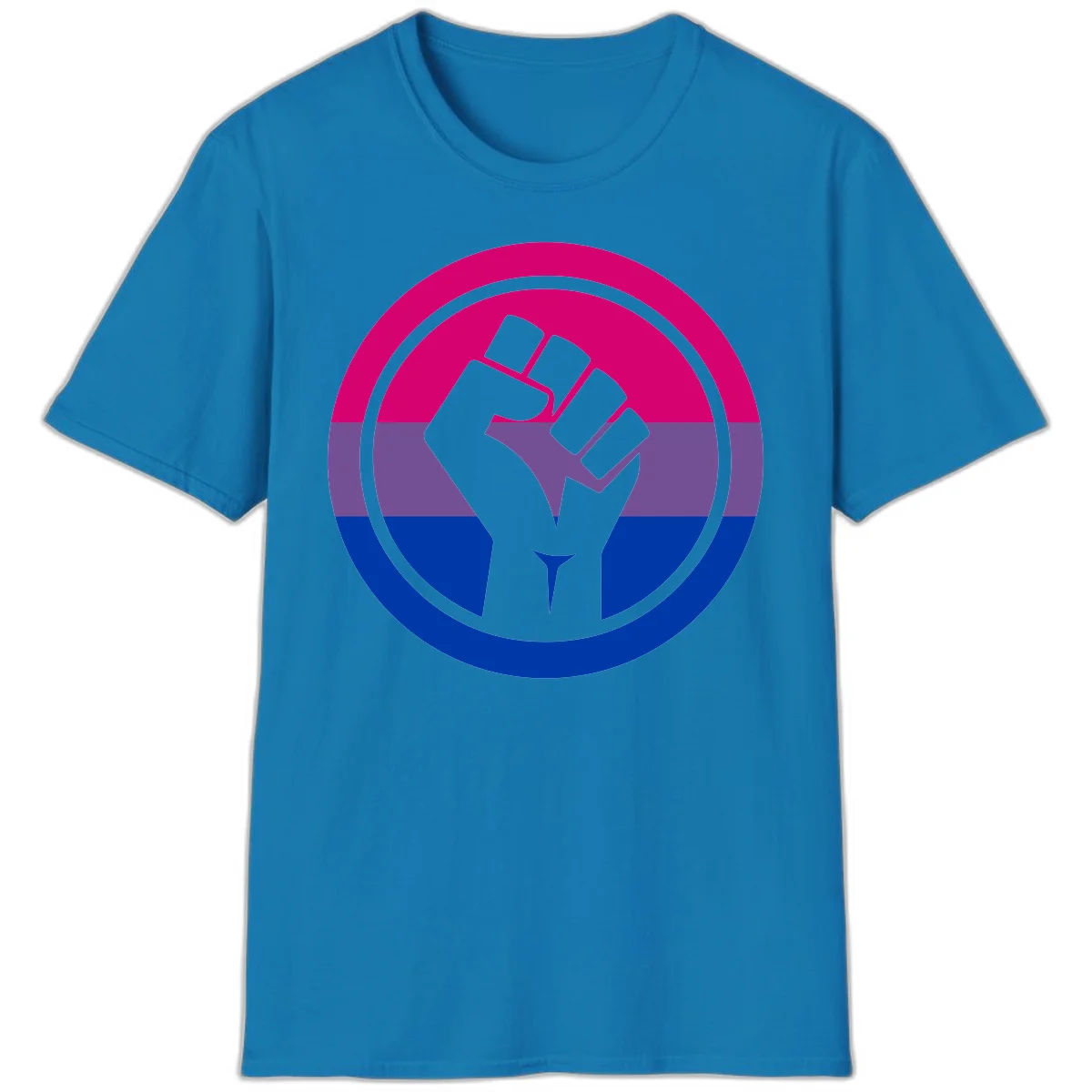 Raised fist silhouette in concentric circles with bisexual pride flag stripes in magenta, purple, and blue in Sapphire