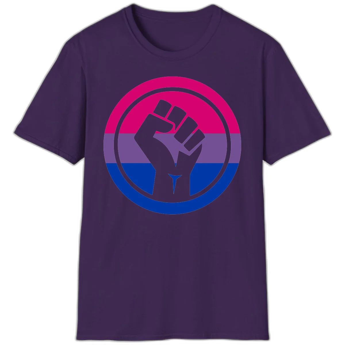 Raised fist silhouette in concentric circles with bisexual pride flag stripes in magenta, purple, and blue in Purple