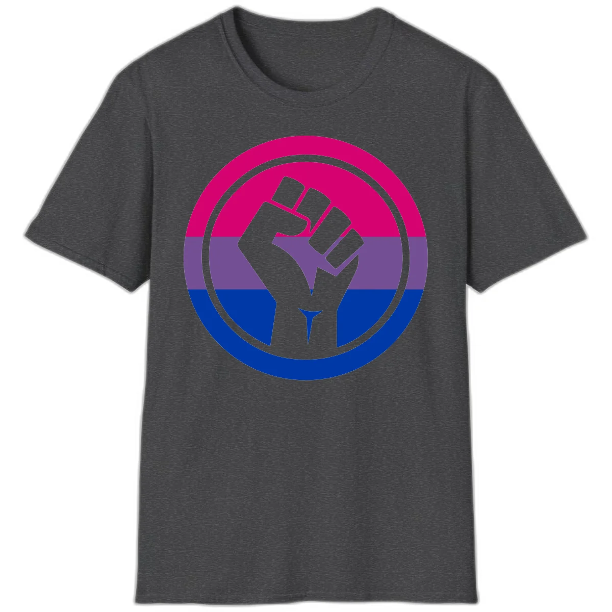 Raised fist silhouette in concentric circles with bisexual pride flag stripes in magenta, purple, and blue in Dark Heather