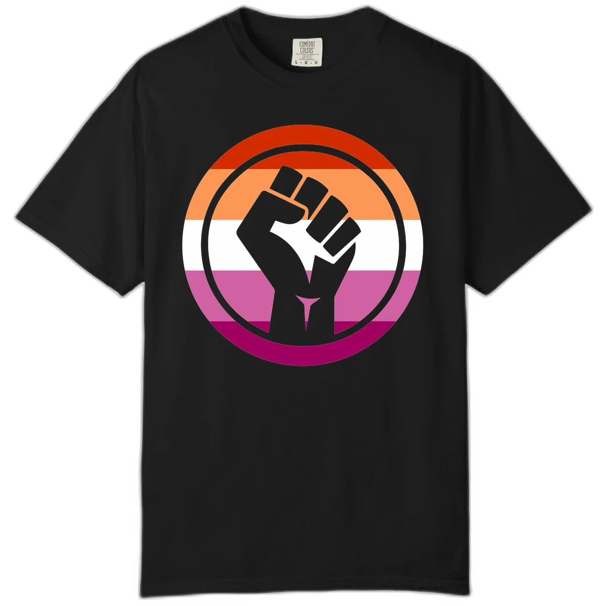 Raised fist silhouette on rainbow pride flag stripes within concentric circles, symbolizing LGBTQ+ strength and solidarity in Black