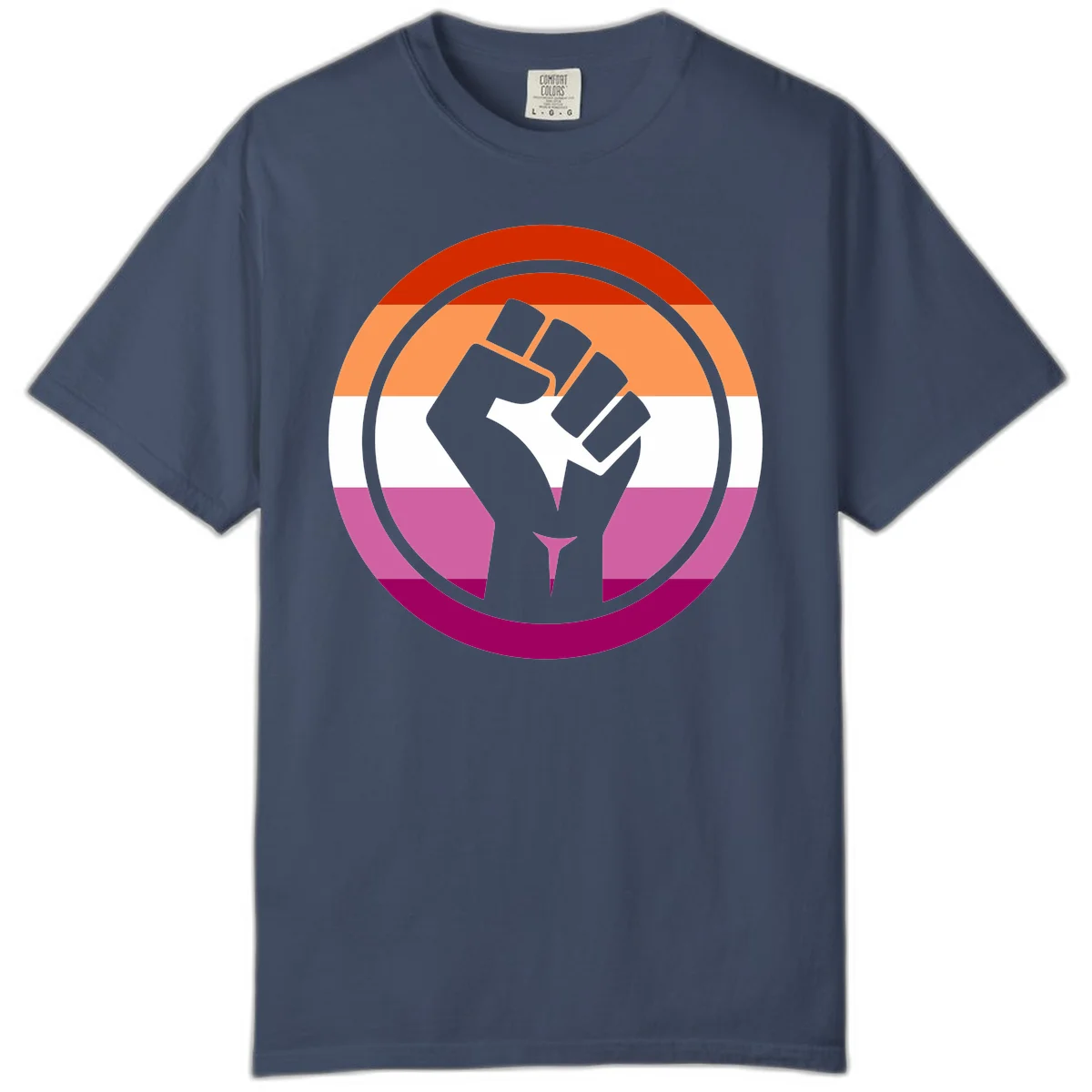 Raised fist silhouette on rainbow pride flag stripes within concentric circles, symbolizing LGBTQ+ strength and solidarity in Midnight