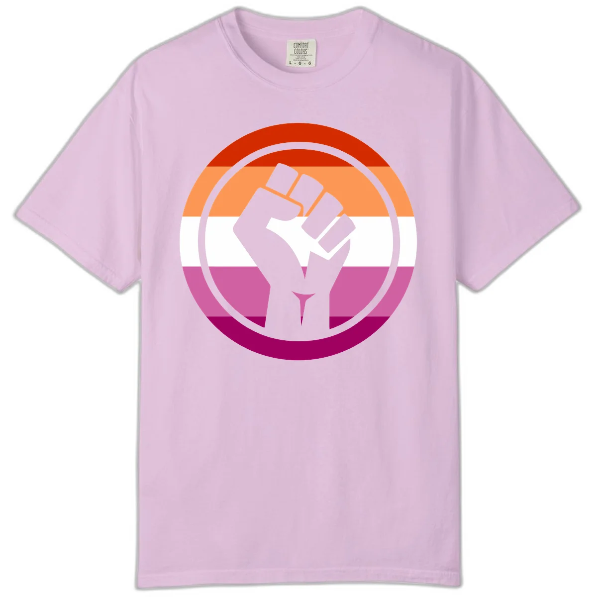 Raised fist silhouette on rainbow pride flag stripes within concentric circles, symbolizing LGBTQ+ strength and solidarity in Orchid