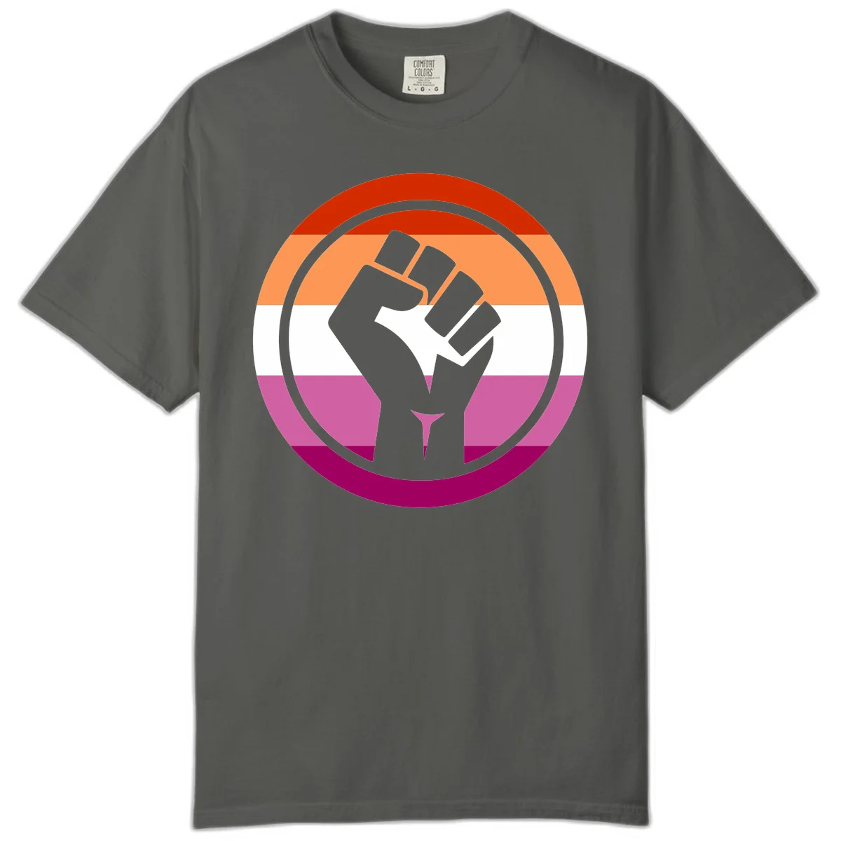 Raised fist silhouette on rainbow pride flag stripes within concentric circles, symbolizing LGBTQ+ strength and solidarity in Pepper