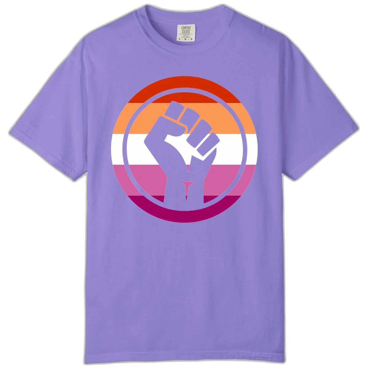 Raised fist silhouette on rainbow pride flag stripes within concentric circles, symbolizing LGBTQ+ strength and solidarity in Violet