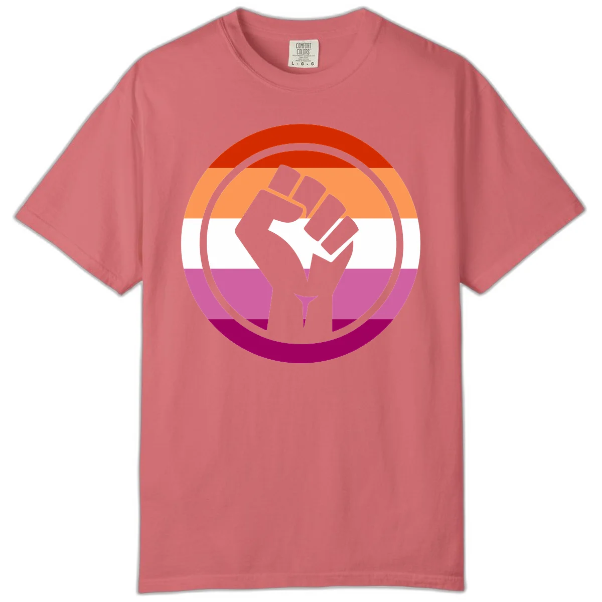 Raised fist silhouette on rainbow pride flag stripes within concentric circles, symbolizing LGBTQ+ strength and solidarity in Watermelon