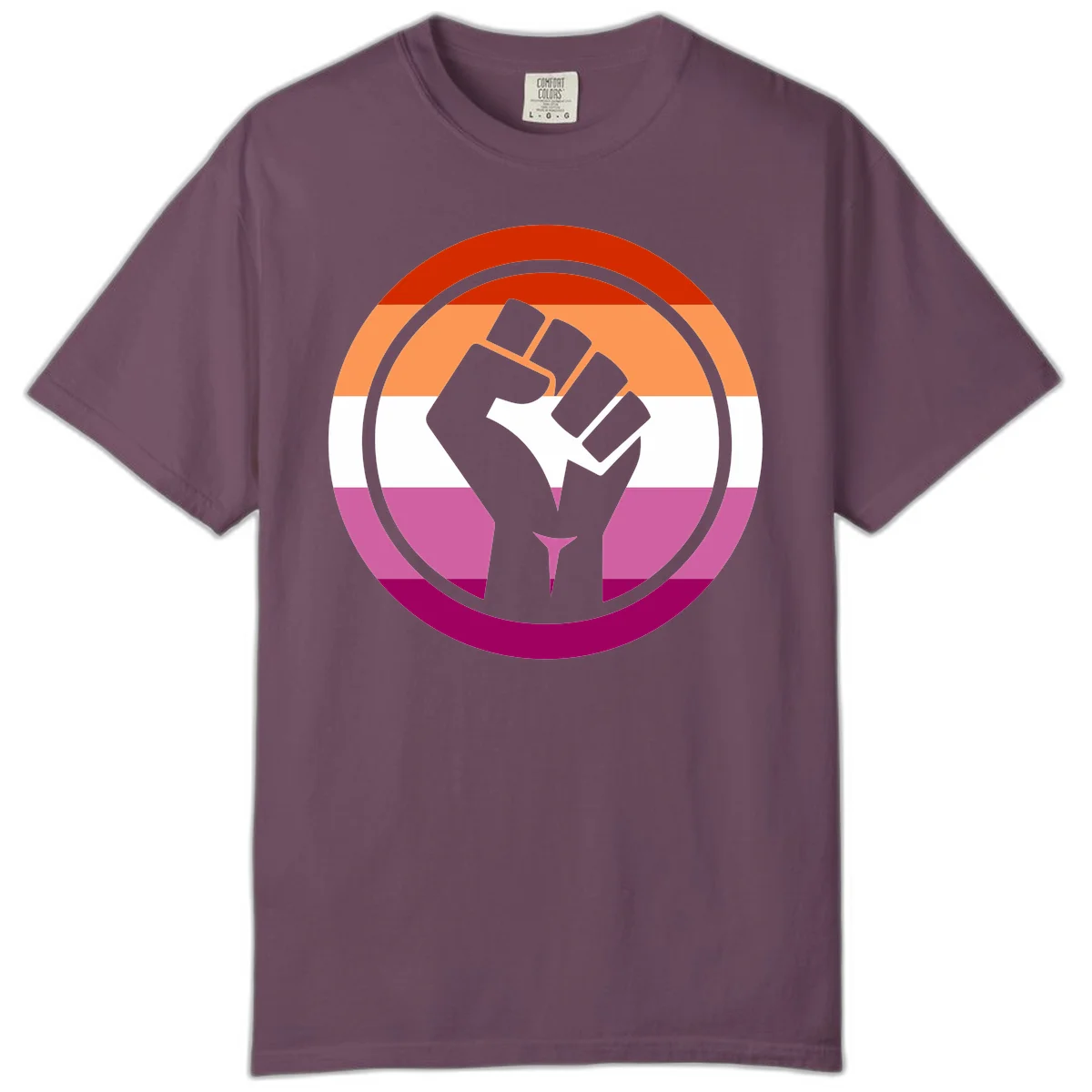 Raised fist silhouette on rainbow pride flag stripes within concentric circles, symbolizing LGBTQ+ strength and solidarity in Berry