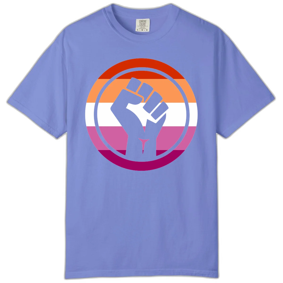 Raised fist silhouette on rainbow pride flag stripes within concentric circles, symbolizing LGBTQ+ strength and solidarity in Flo Blue