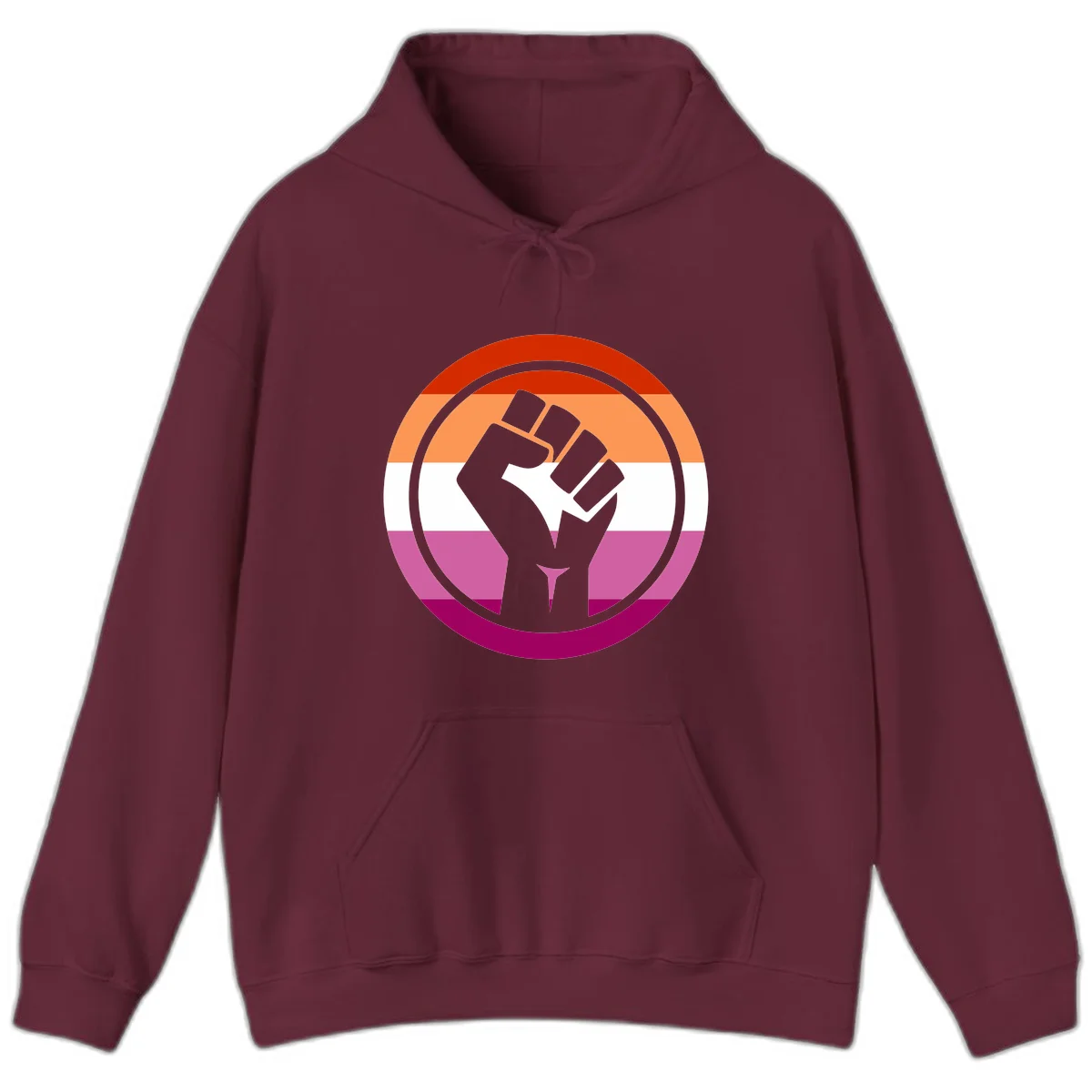 Raised fist silhouette on rainbow pride flag stripes within concentric circles, symbolizing LGBTQ+ strength and solidarity in Maroon