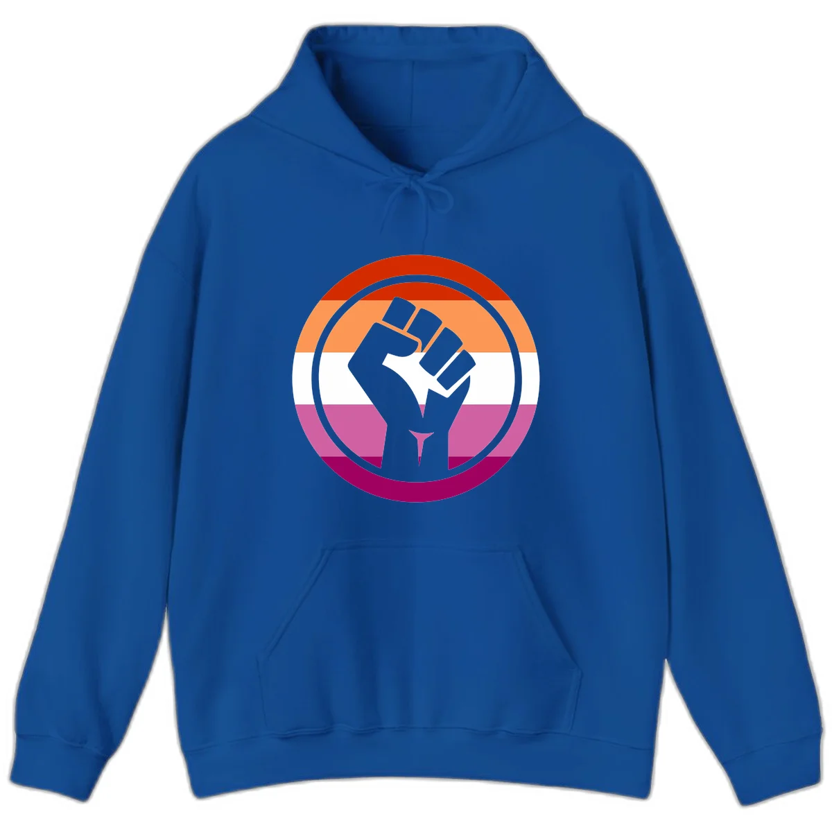 Raised fist silhouette on rainbow pride flag stripes within concentric circles, symbolizing LGBTQ+ strength and solidarity in Royal