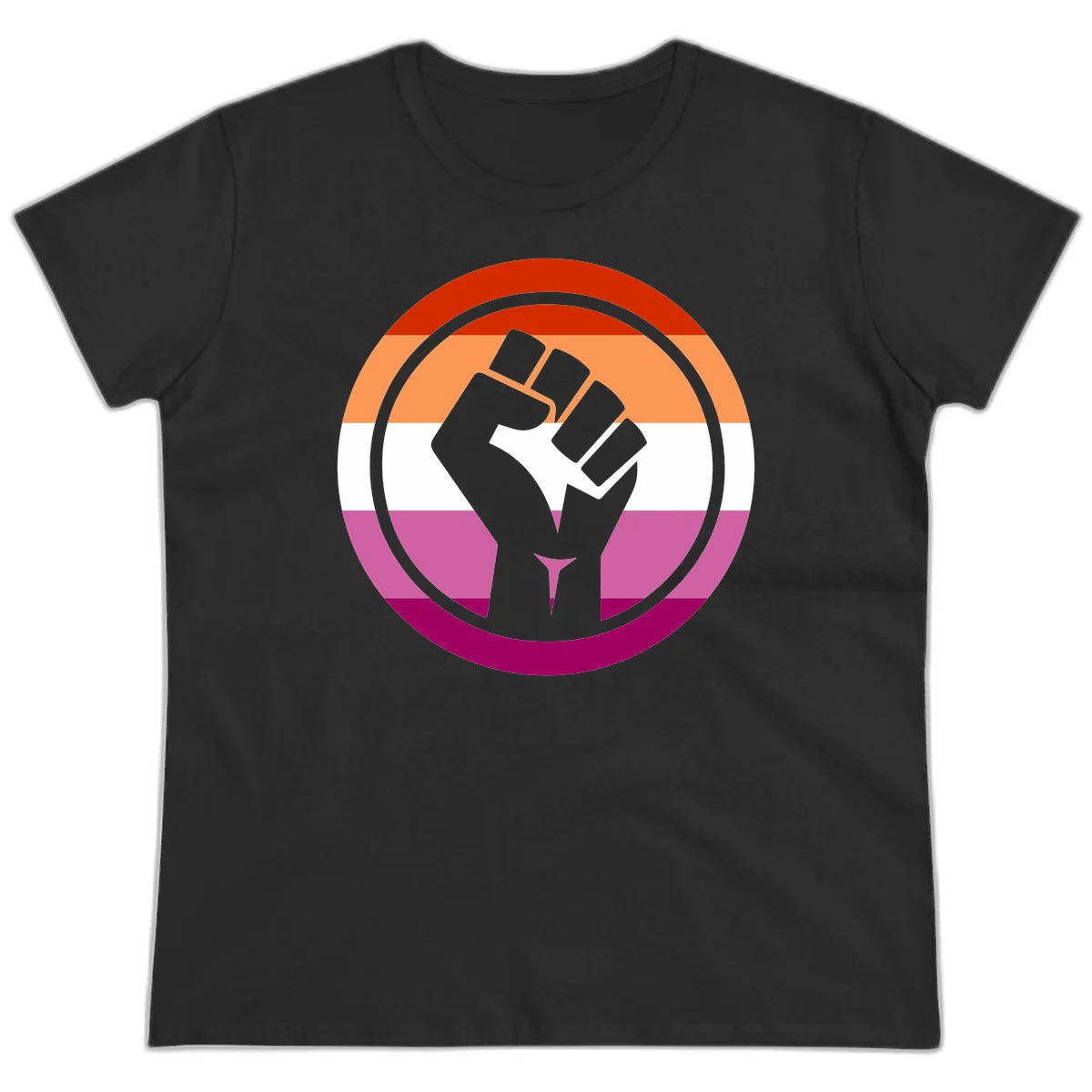 Raised fist silhouette on rainbow pride flag stripes within concentric circles, symbolizing LGBTQ+ strength and solidarity in Black