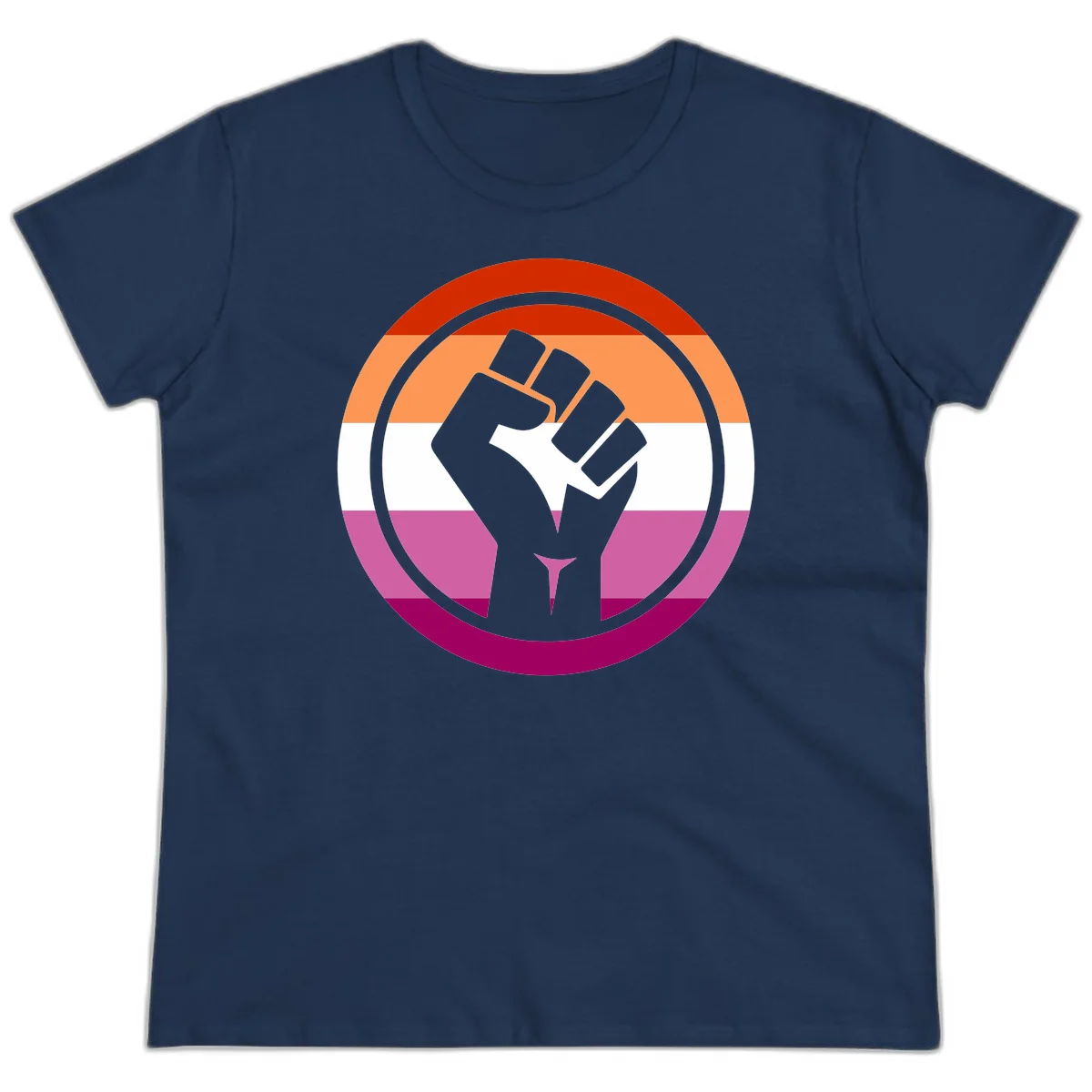 Raised fist silhouette on rainbow pride flag stripes within concentric circles, symbolizing LGBTQ+ strength and solidarity in Navy