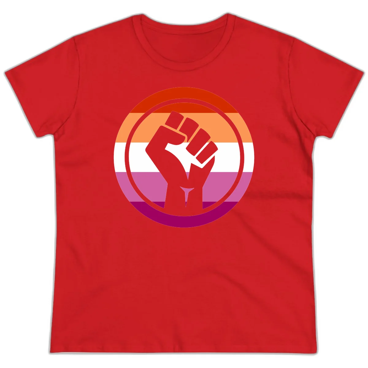 Raised fist silhouette on rainbow pride flag stripes within concentric circles, symbolizing LGBTQ+ strength and solidarity in Red