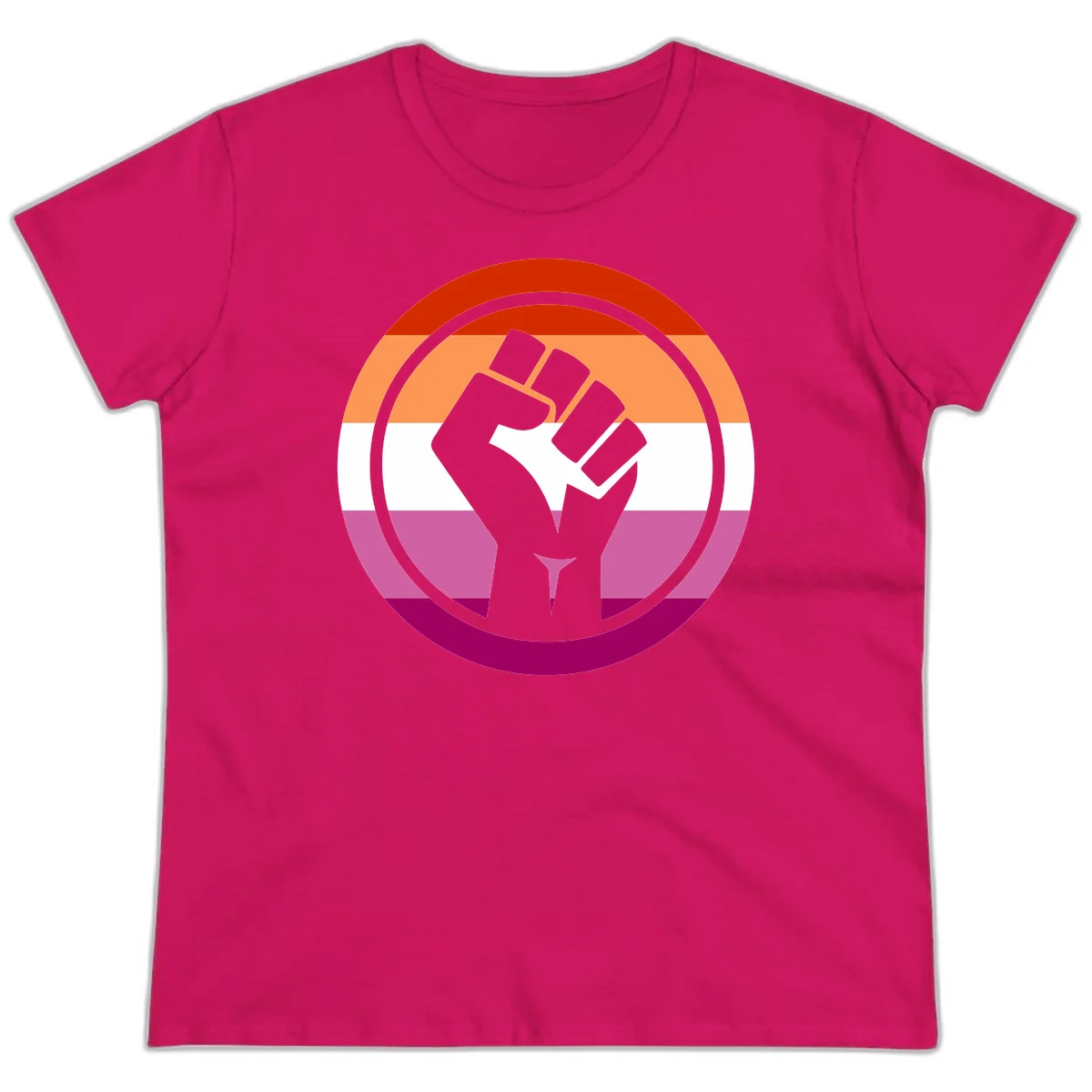 Raised fist silhouette on rainbow pride flag stripes within concentric circles, symbolizing LGBTQ+ strength and solidarity in Heliconia