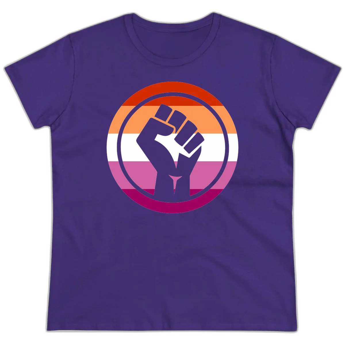 Raised fist silhouette on rainbow pride flag stripes within concentric circles, symbolizing LGBTQ+ strength and solidarity in Purple