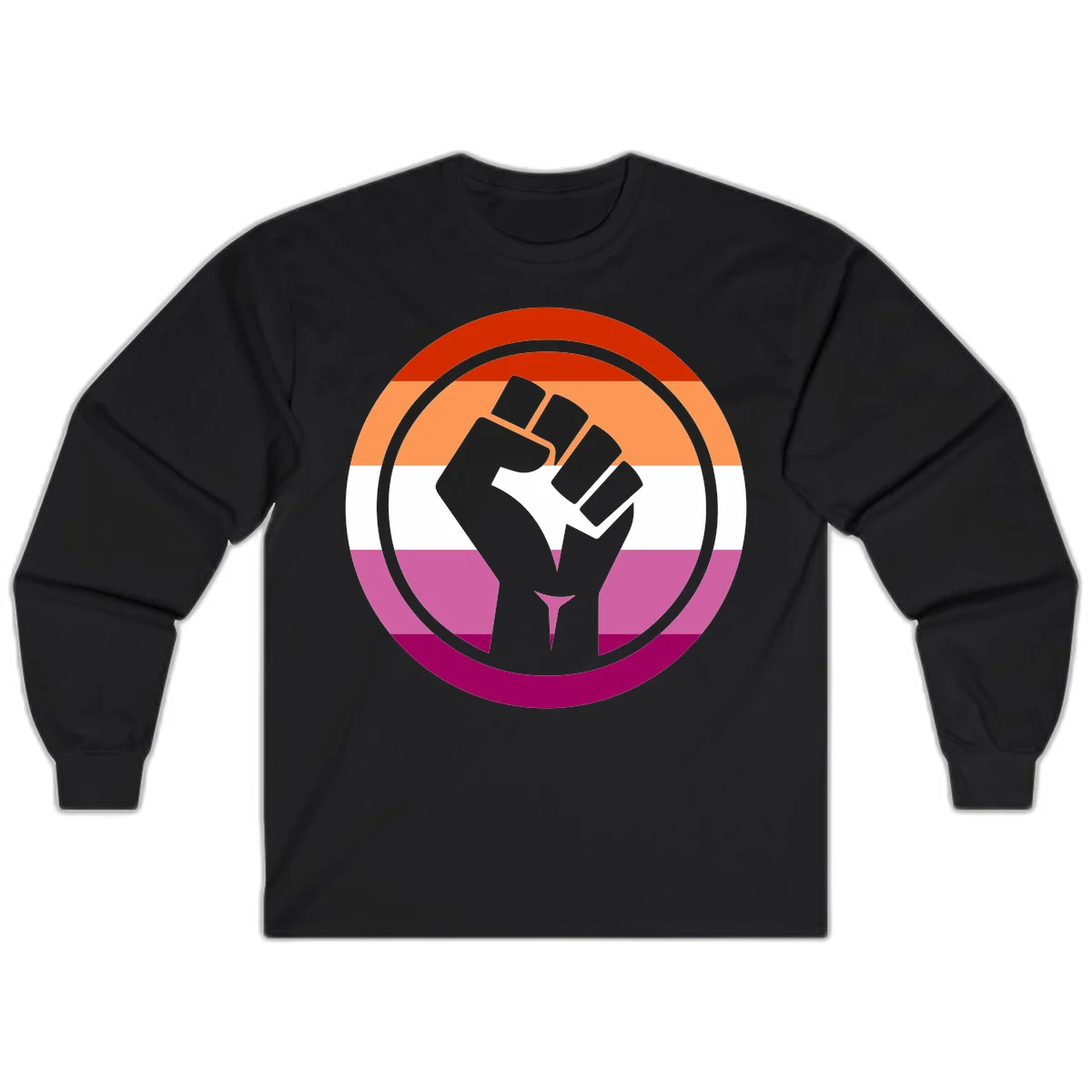 Raised fist silhouette on rainbow pride flag stripes within concentric circles, symbolizing LGBTQ+ strength and solidarity in Black