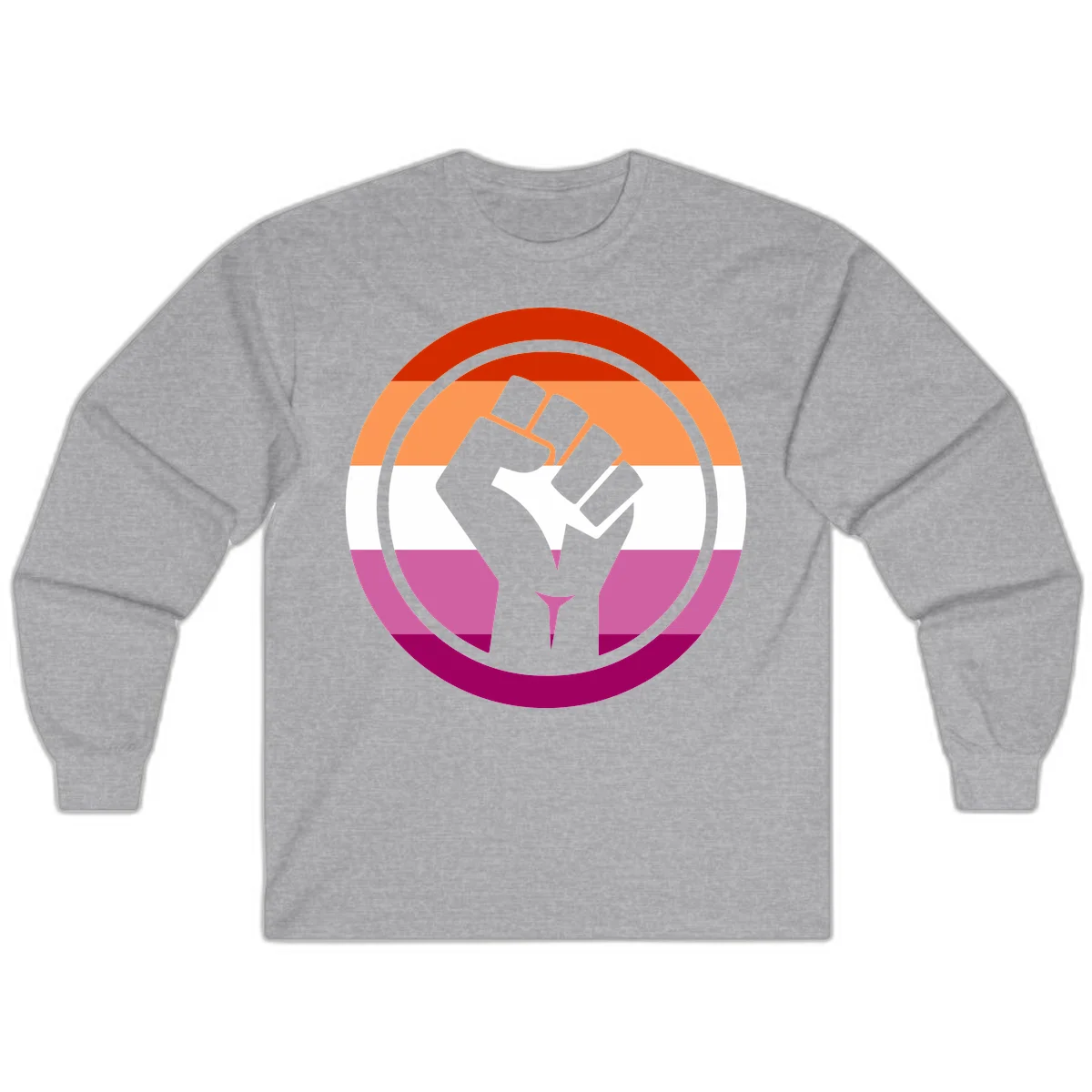 Raised fist silhouette on rainbow pride flag stripes within concentric circles, symbolizing LGBTQ+ strength and solidarity in Sport Grey