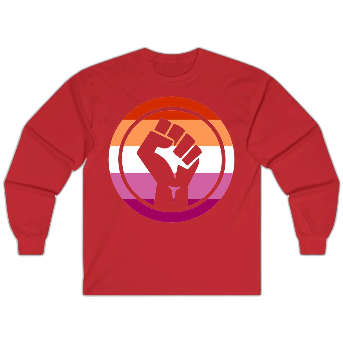 Raised fist silhouette on rainbow pride flag stripes within concentric circles, symbolizing LGBTQ+ strength and solidarity in Red