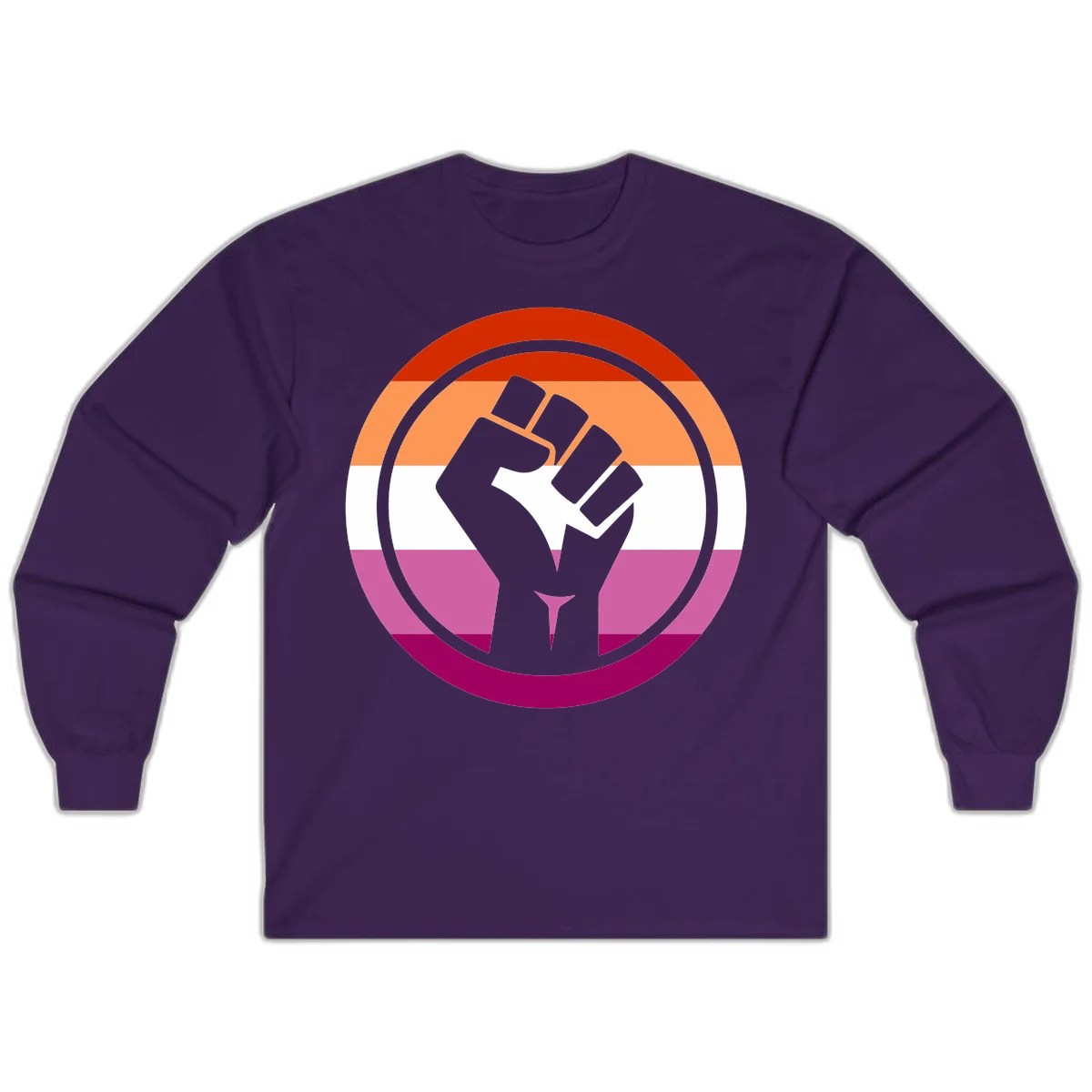 Raised fist silhouette on rainbow pride flag stripes within concentric circles, symbolizing LGBTQ+ strength and solidarity in Purple