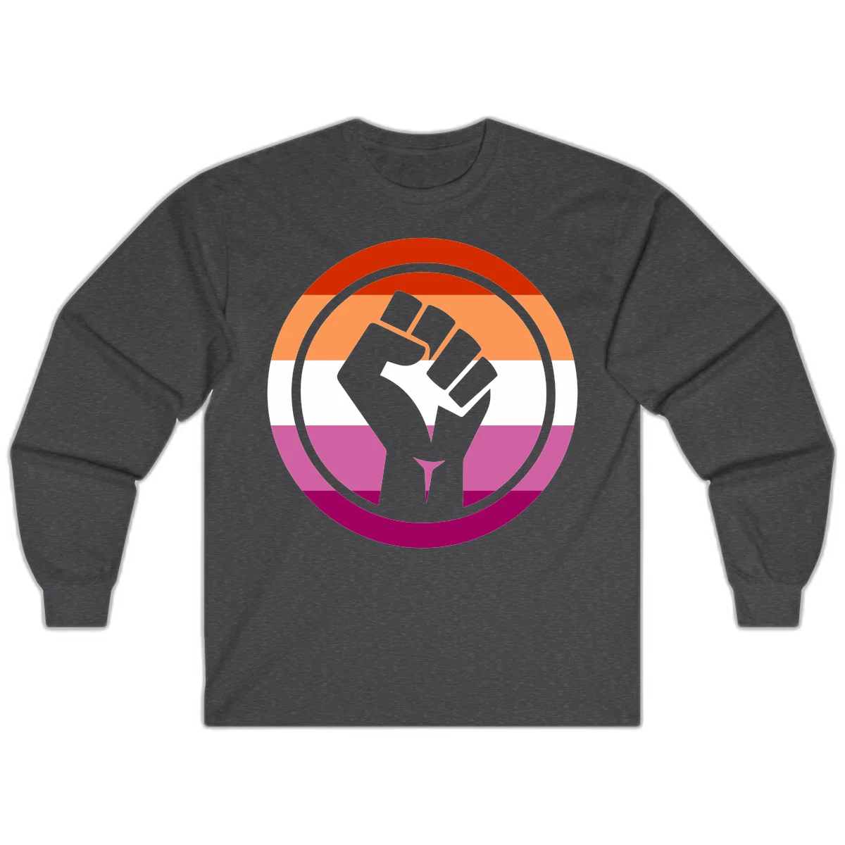 Raised fist silhouette on rainbow pride flag stripes within concentric circles, symbolizing LGBTQ+ strength and solidarity in Dark Heather