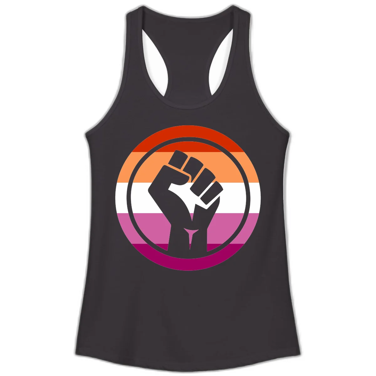 Raised fist silhouette on rainbow pride flag stripes within concentric circles, symbolizing LGBTQ+ strength and solidarity in Black