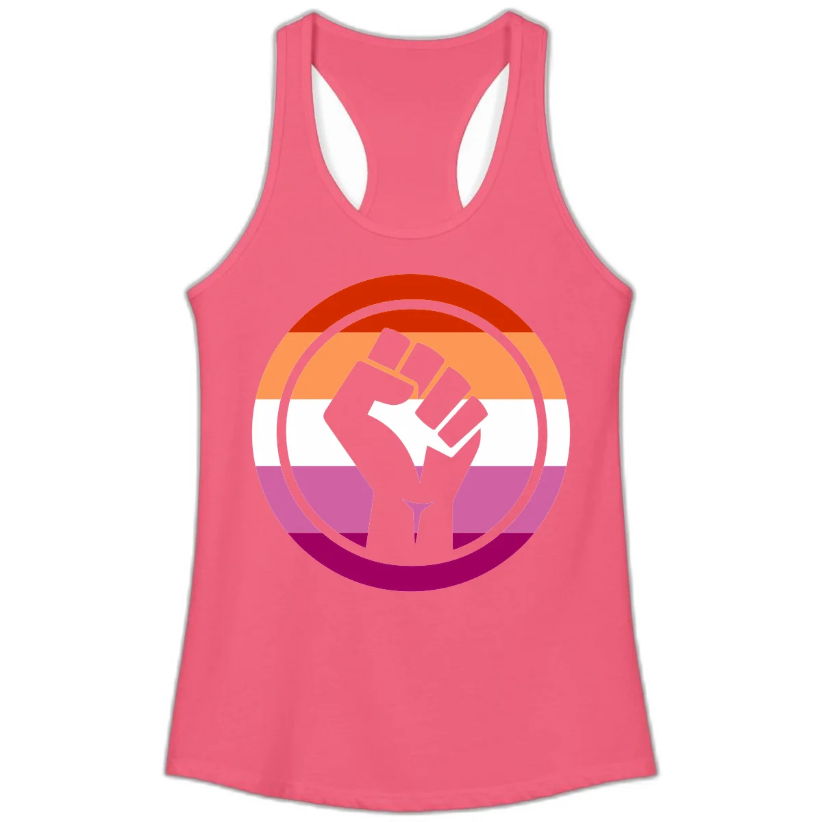 Raised fist silhouette on rainbow pride flag stripes within concentric circles, symbolizing LGBTQ+ strength and solidarity in Hot Pink