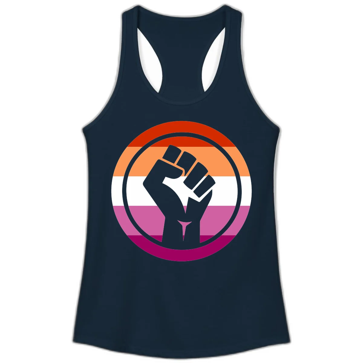 Raised fist silhouette on rainbow pride flag stripes within concentric circles, symbolizing LGBTQ+ strength and solidarity in Solid Midnight Navy