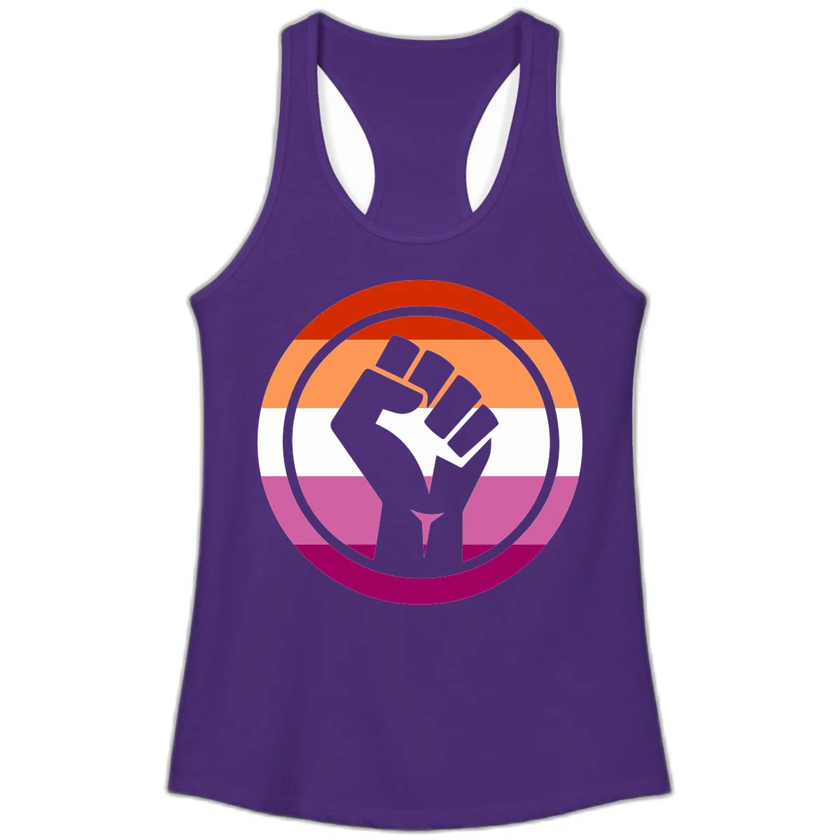 Raised fist silhouette on rainbow pride flag stripes within concentric circles, symbolizing LGBTQ+ strength and solidarity in Solid Purple Rush