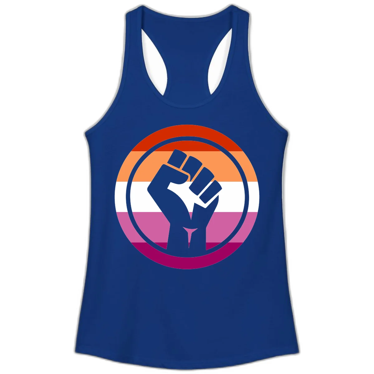 Raised fist silhouette on rainbow pride flag stripes within concentric circles, symbolizing LGBTQ+ strength and solidarity in Solid Royal