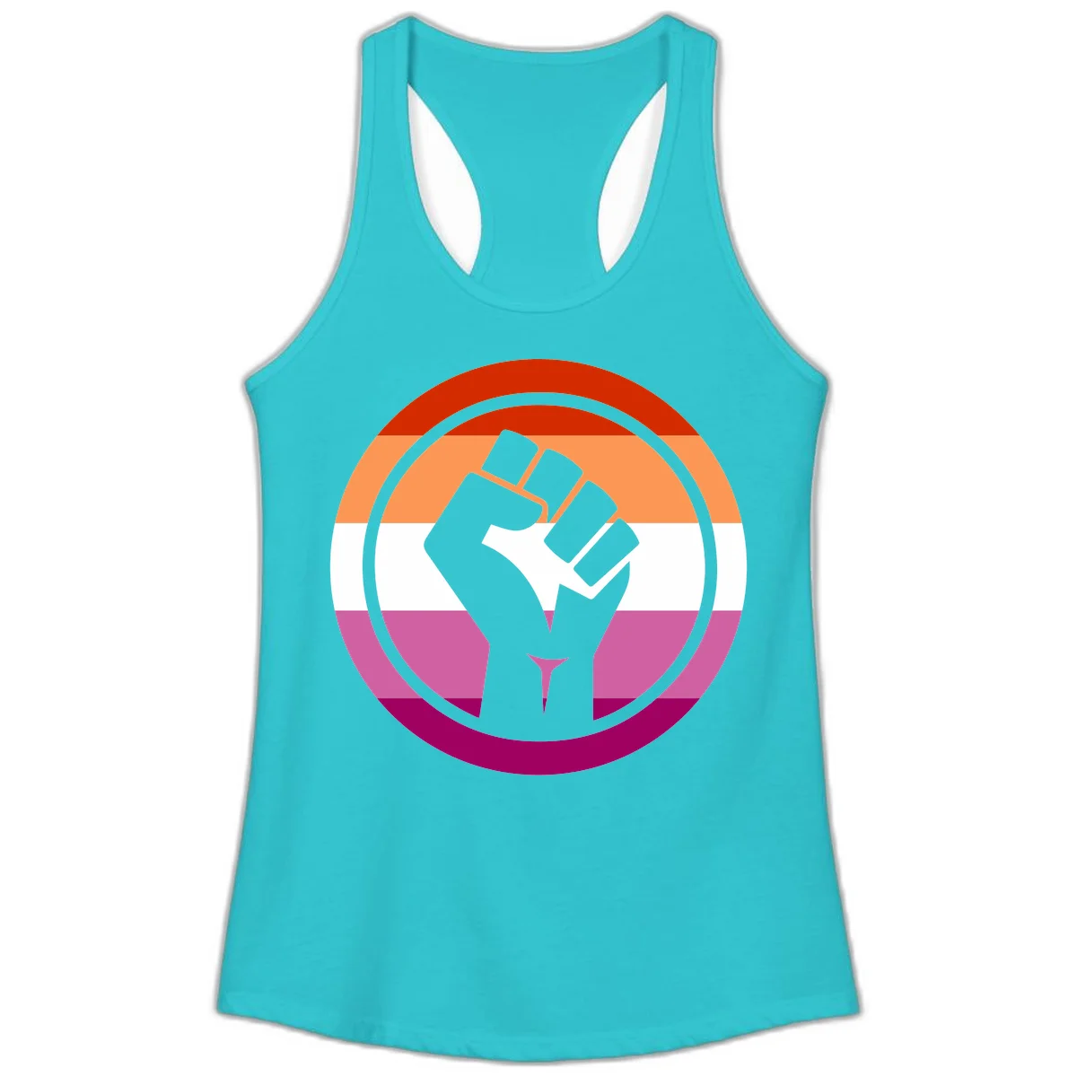 Raised fist silhouette on rainbow pride flag stripes within concentric circles, symbolizing LGBTQ+ strength and solidarity in Solid Tahiti Blue