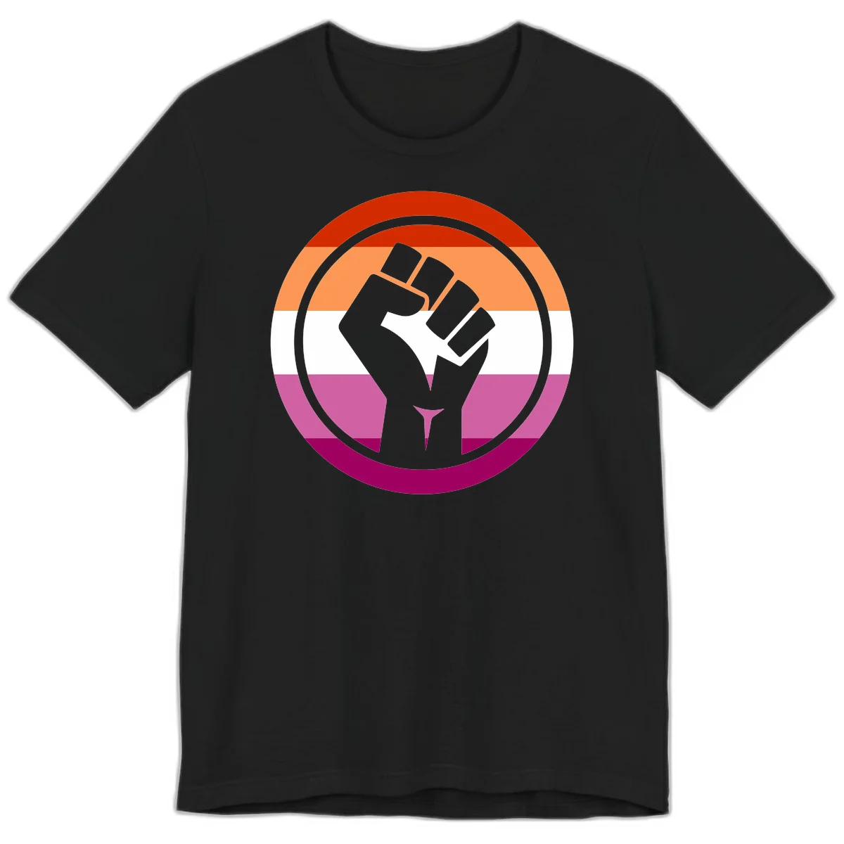 Raised fist silhouette on rainbow pride flag stripes within concentric circles, symbolizing LGBTQ+ strength and solidarity in Black