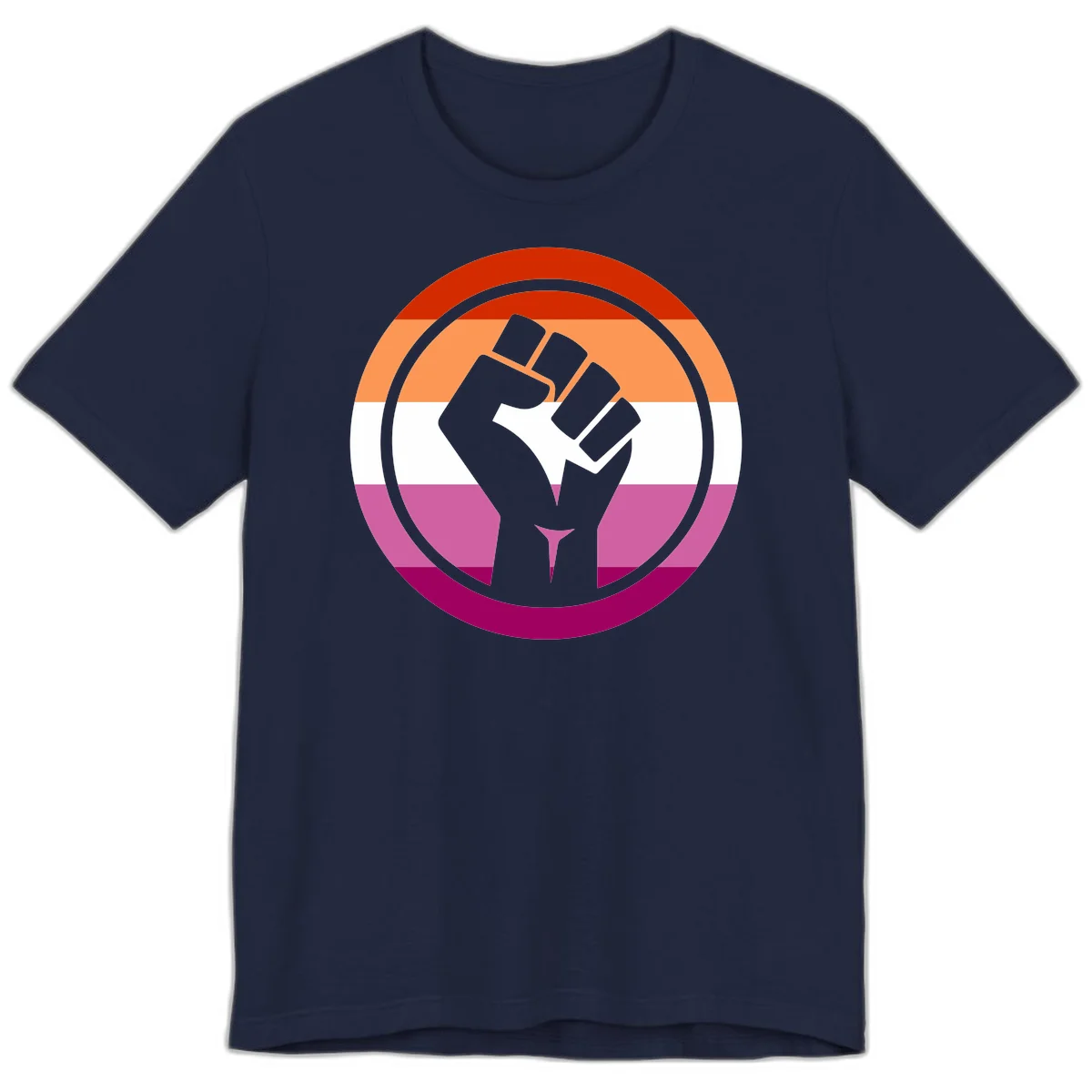 Raised fist silhouette on rainbow pride flag stripes within concentric circles, symbolizing LGBTQ+ strength and solidarity in Navy