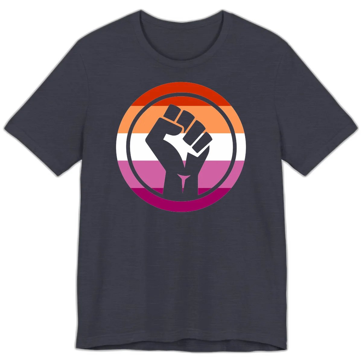 Raised fist silhouette on rainbow pride flag stripes within concentric circles, symbolizing LGBTQ+ strength and solidarity in Heather Midnight Navy