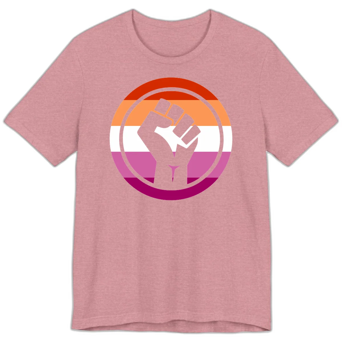 Raised fist silhouette on rainbow pride flag stripes within concentric circles, symbolizing LGBTQ+ strength and solidarity in Heather Orchid