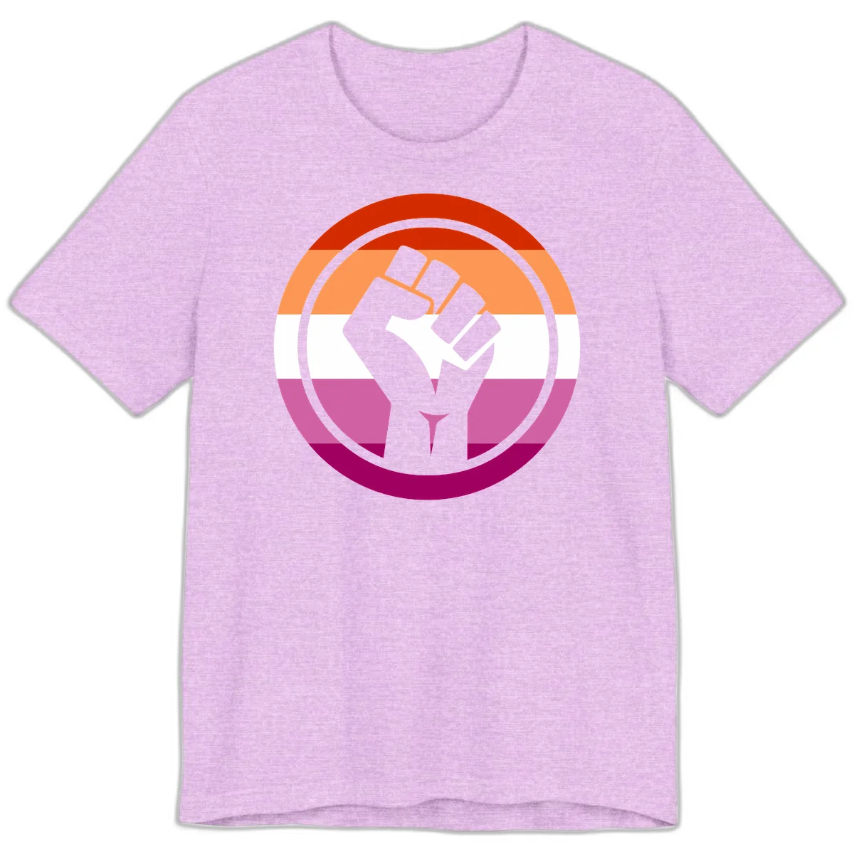 Raised fist silhouette on rainbow pride flag stripes within concentric circles, symbolizing LGBTQ+ strength and solidarity in Heather Prism Lilac
