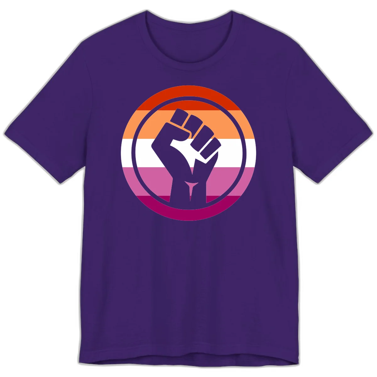 Raised fist silhouette on rainbow pride flag stripes within concentric circles, symbolizing LGBTQ+ strength and solidarity in Team Purple