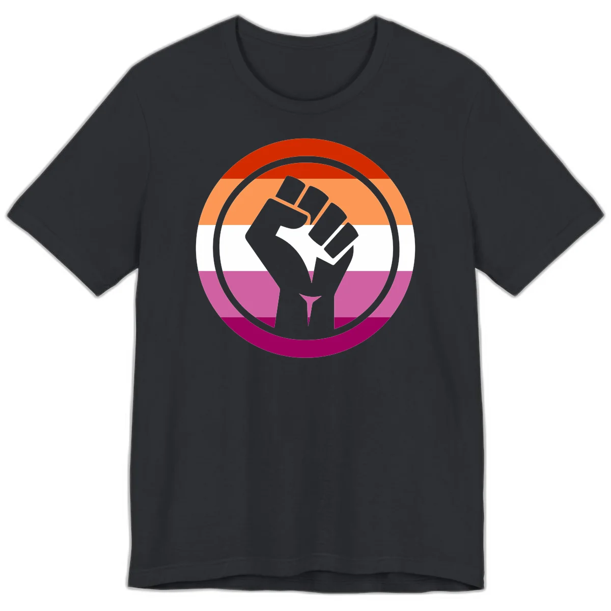 Raised fist silhouette on rainbow pride flag stripes within concentric circles, symbolizing LGBTQ+ strength and solidarity in Vintage Black