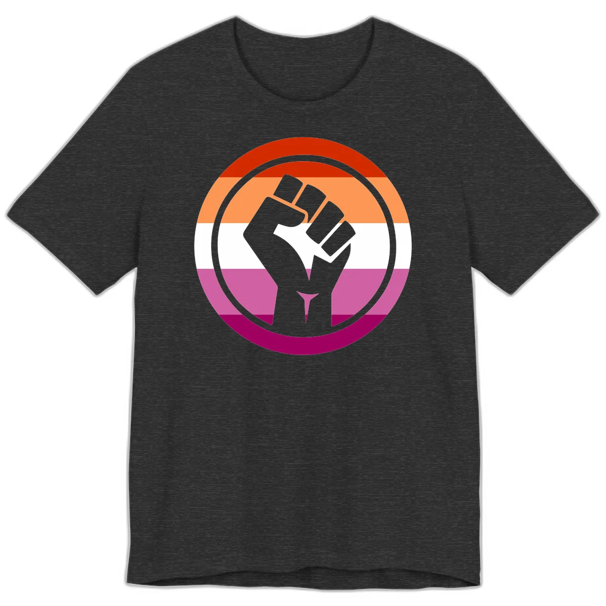 Raised fist silhouette on rainbow pride flag stripes within concentric circles, symbolizing LGBTQ+ strength and solidarity in Dark Grey Heather
