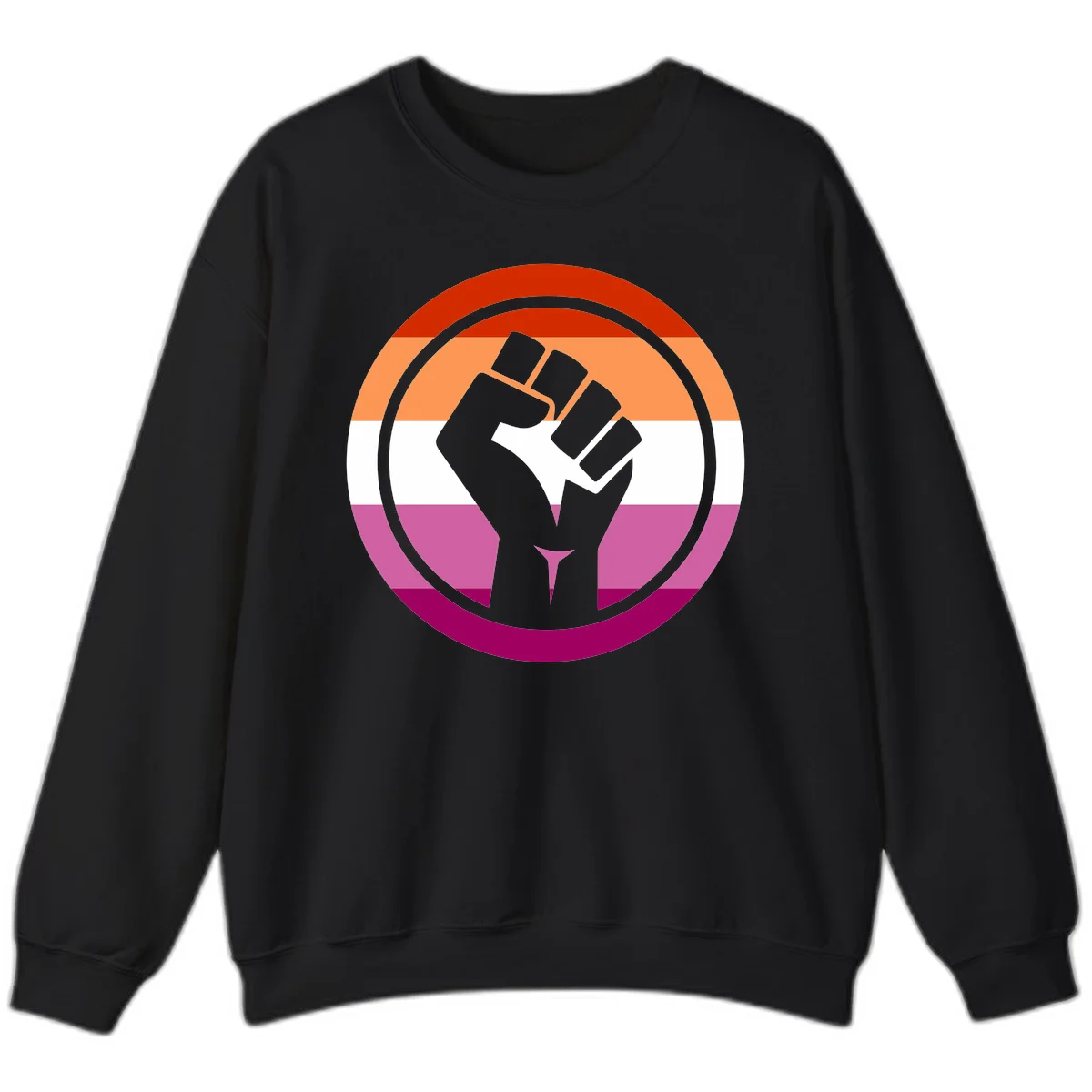 Raised fist silhouette on rainbow pride flag stripes within concentric circles, symbolizing LGBTQ+ strength and solidarity in Black
