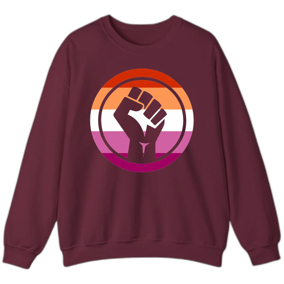 Raised fist silhouette on rainbow pride flag stripes within concentric circles, symbolizing LGBTQ+ strength and solidarity in Maroon