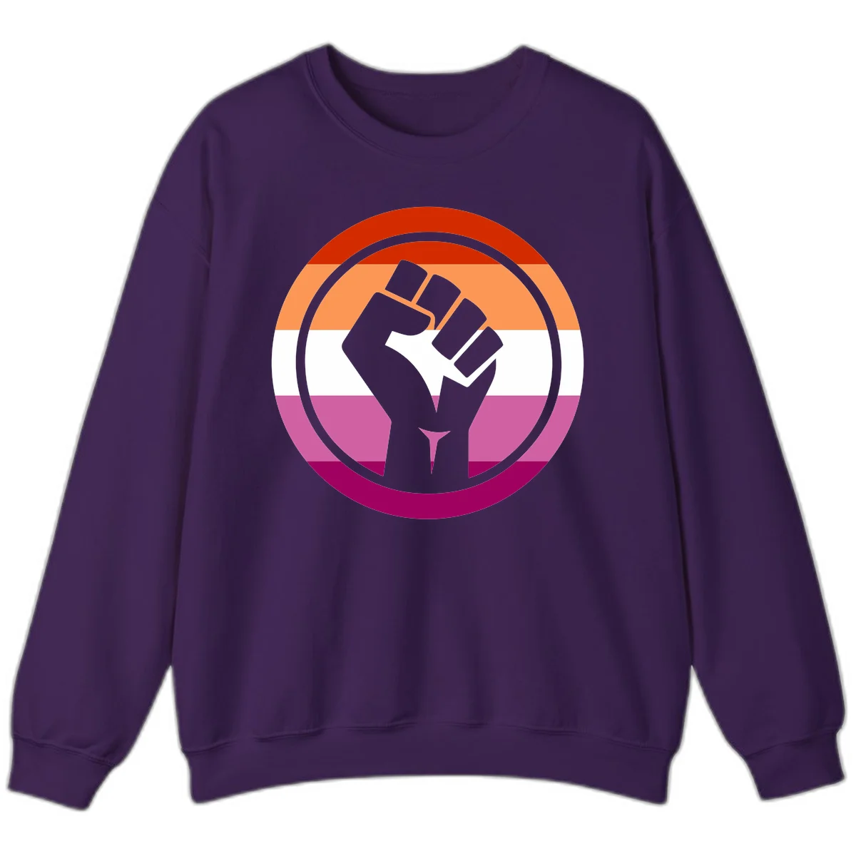 Raised fist silhouette on rainbow pride flag stripes within concentric circles, symbolizing LGBTQ+ strength and solidarity in Purple
