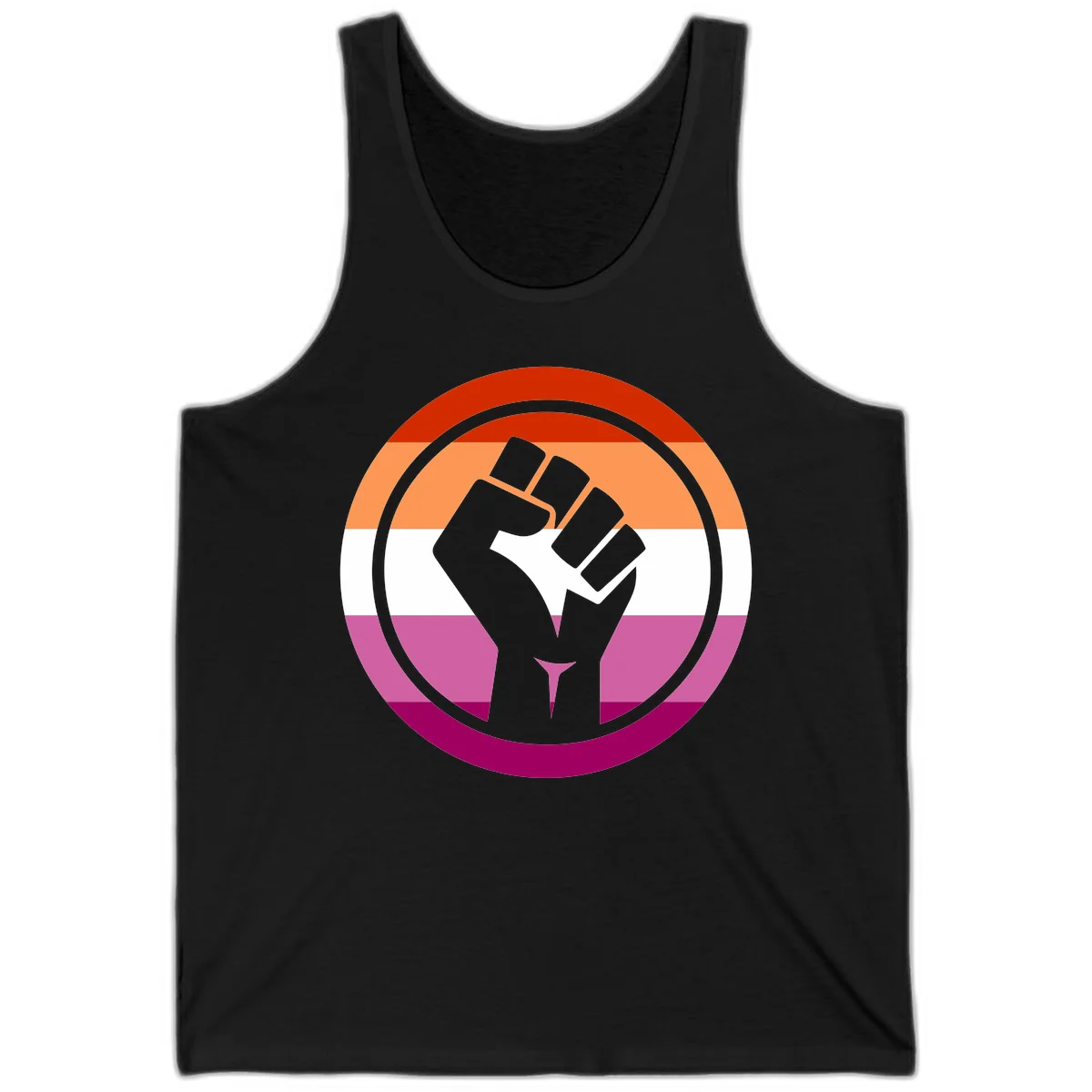 Raised fist silhouette on rainbow pride flag stripes within concentric circles, symbolizing LGBTQ+ strength and solidarity in Black