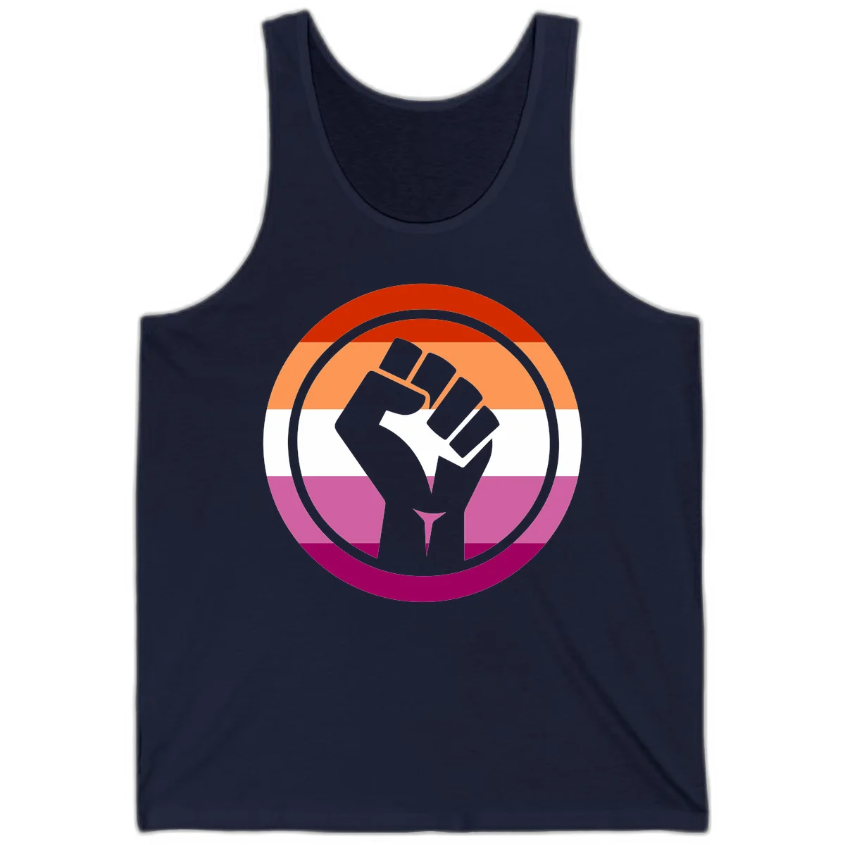 Raised fist silhouette on rainbow pride flag stripes within concentric circles, symbolizing LGBTQ+ strength and solidarity in Navy